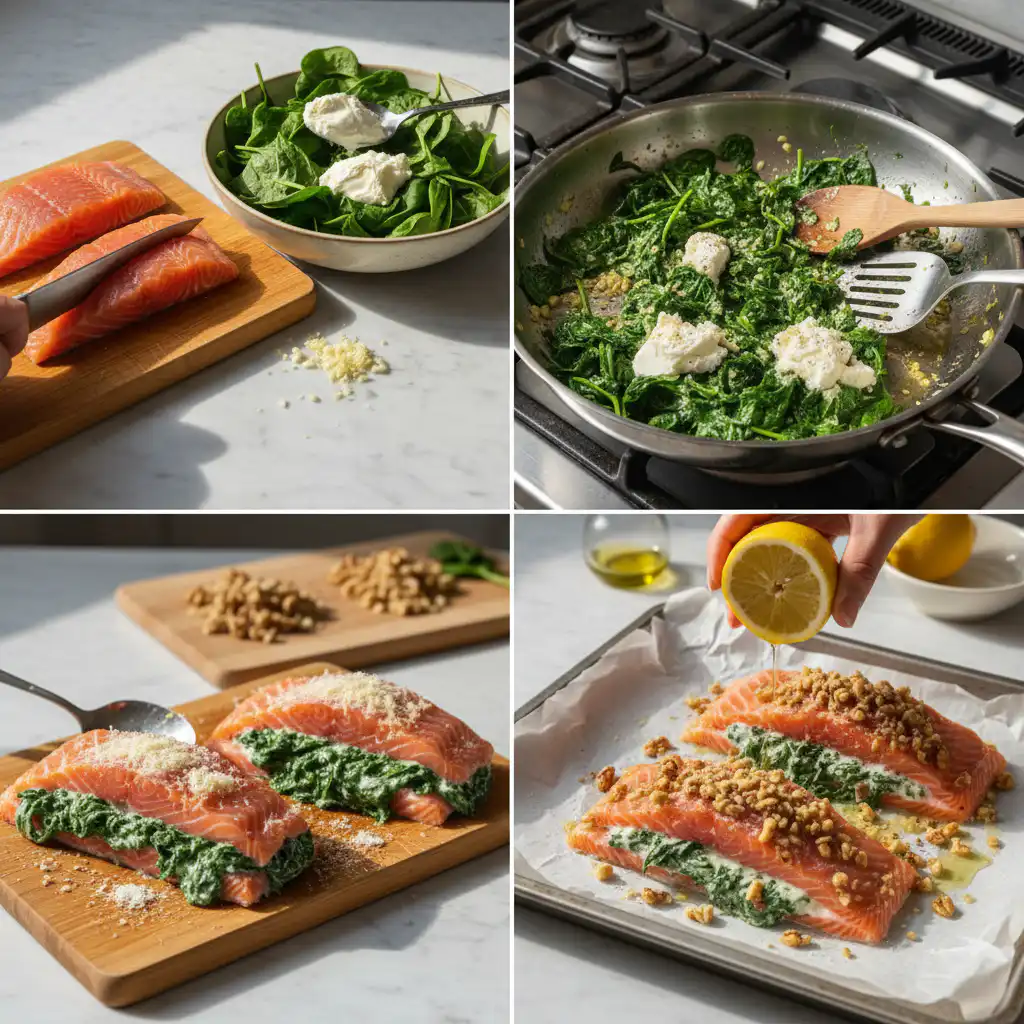 spinach-stuffed-salmon-prep Hands carefully stuffing a salmon fillet with a creamy spinach mixture, preparing the delicious Spinach Stuffed Salmon.