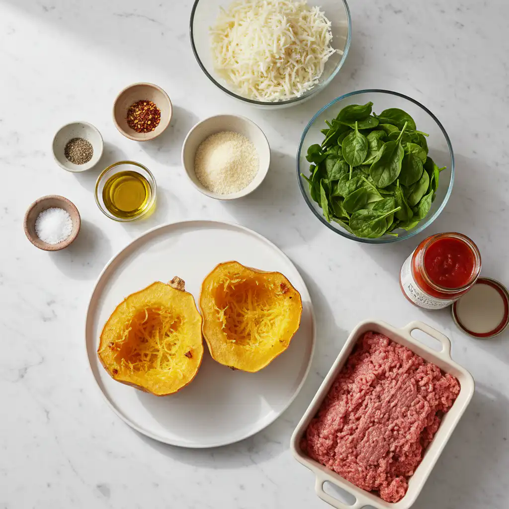 stuffed-spaghetti-squash-with-ground-turkey-ingredients A vibrant display of fresh ingredients like ripe spaghetti squash, lean ground turkey, and colorful vegetables for stuffed spaghetti squash with ground turkey.