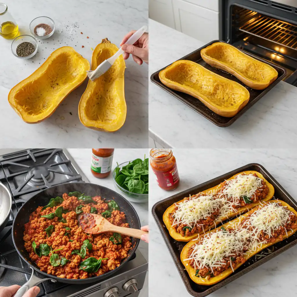 stuffed-spaghetti-squash-with-ground-turkey-prep Hands are carefully scooping the tender, stringy spaghetti squash pulp, preparing it to be stuffed with a savory ground turkey mixture.