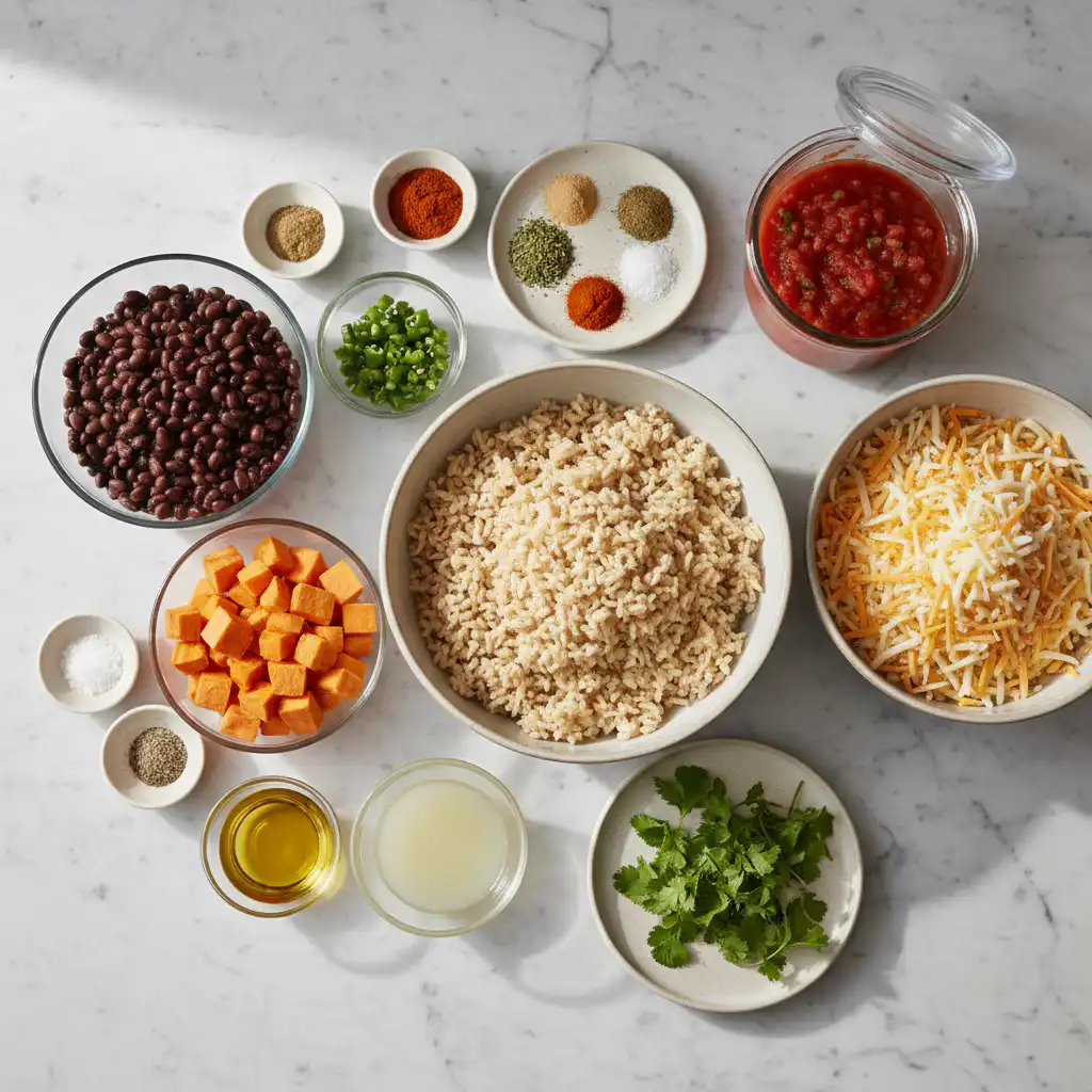 A vibrant selection of fresh ingredients like sweet potato, black beans, and rice for a flavorful sweet potato black bean rice skillet.