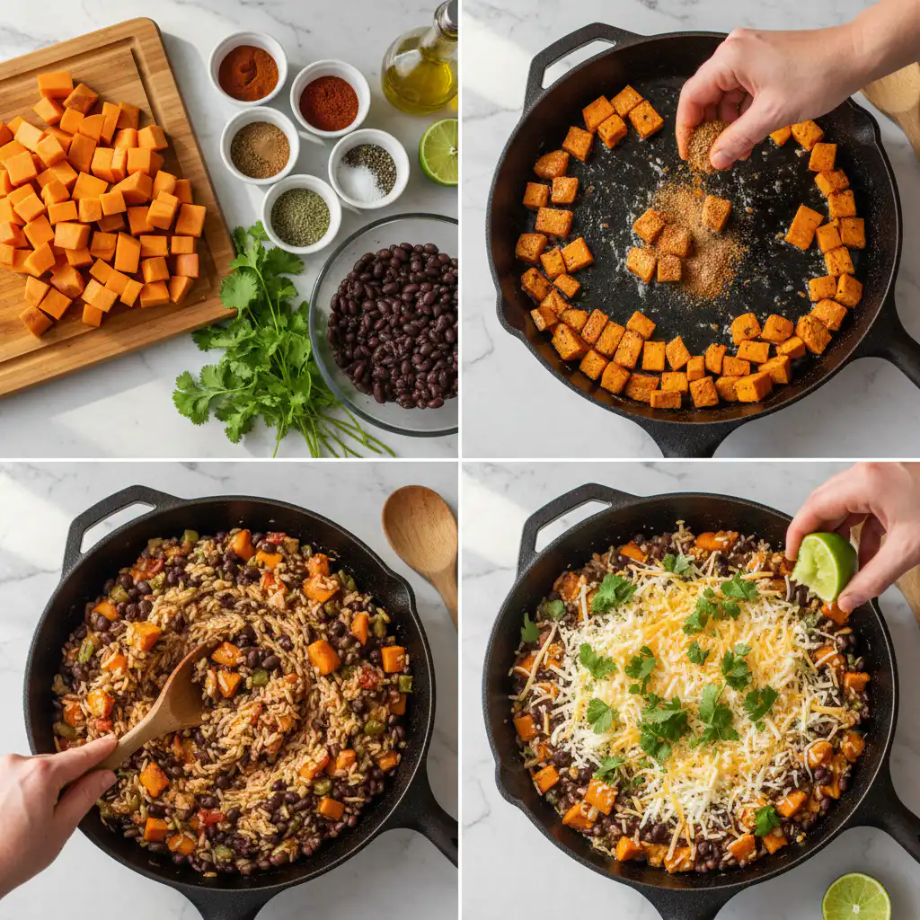 Hands stirring roasted sweet potato, black beans, and rice in a skillet, preparing the sweet potato black bean rice skillet.
