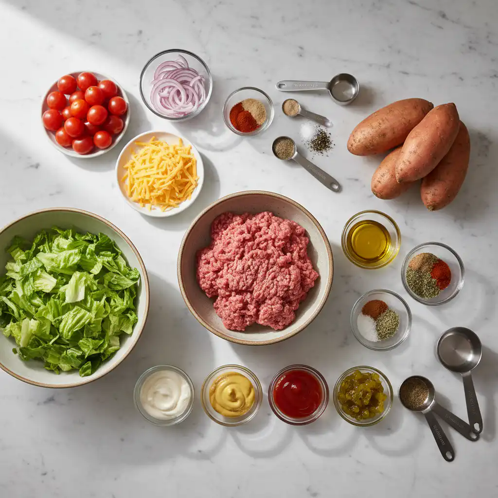 Vibrant ingredients laid out for sweet potato burger bowl meal prep: sweet potatoes, black beans, buns, and fresh greens.