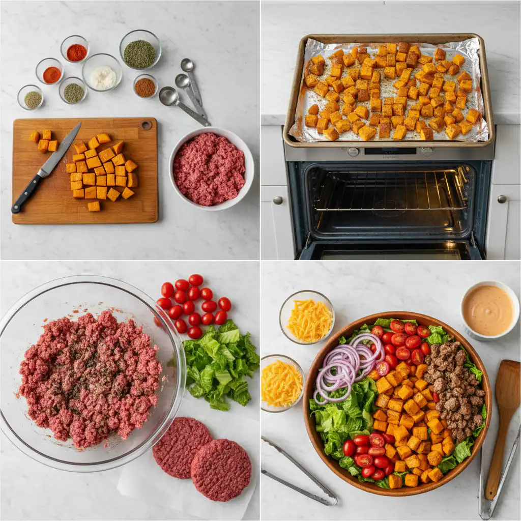 Hands assembling sweet potato burger bowl meal prep, combining patties, roasted veggies, and fresh toppings.