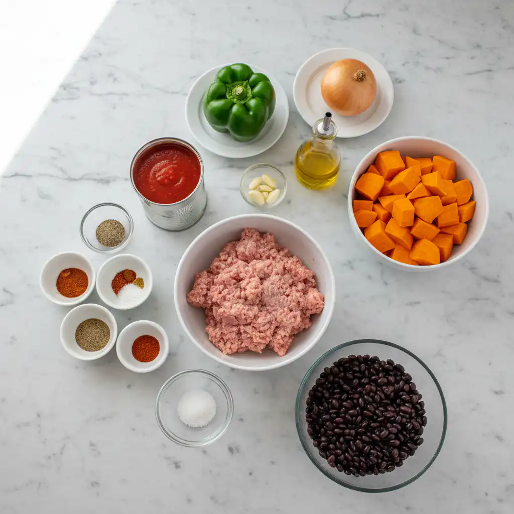 A vibrant assortment of fresh ingredients laid out, ready for a delicious sweet potato turkey chili slow cooker recipe.