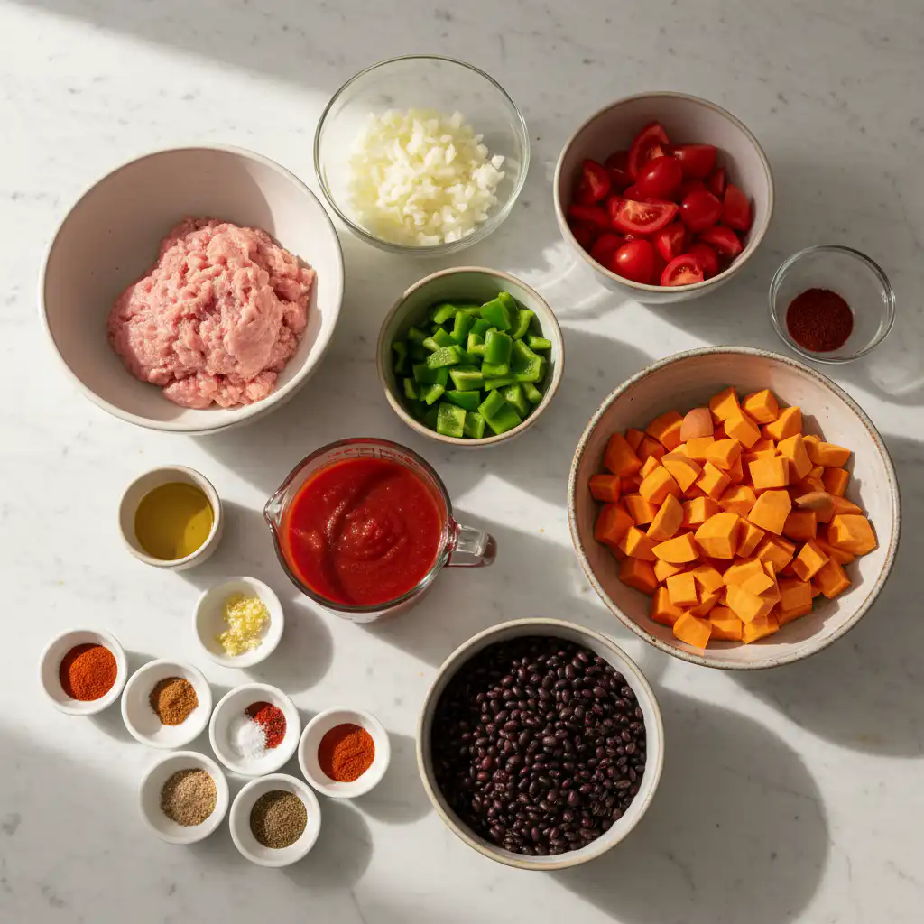 sweet-potato-turkey-chili-slow-cooker-ingredients An array of fresh, colorful ingredients like diced sweet potato, ground turkey, beans, and spices for sweet potato turkey chili slow cooker.