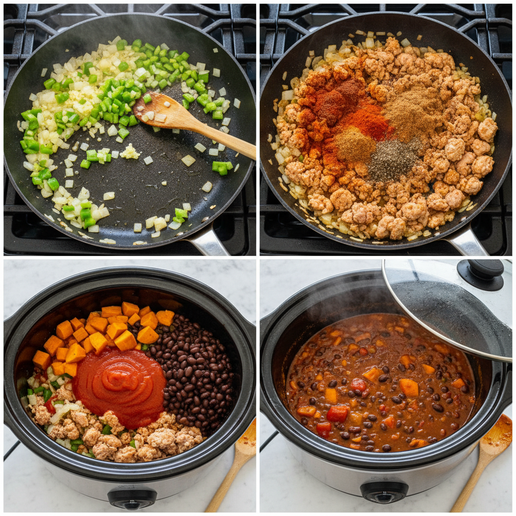 Hands are actively dicing vibrant sweet potatoes and other vegetables, preparing for a savory sweet potato turkey chili slow cooker.