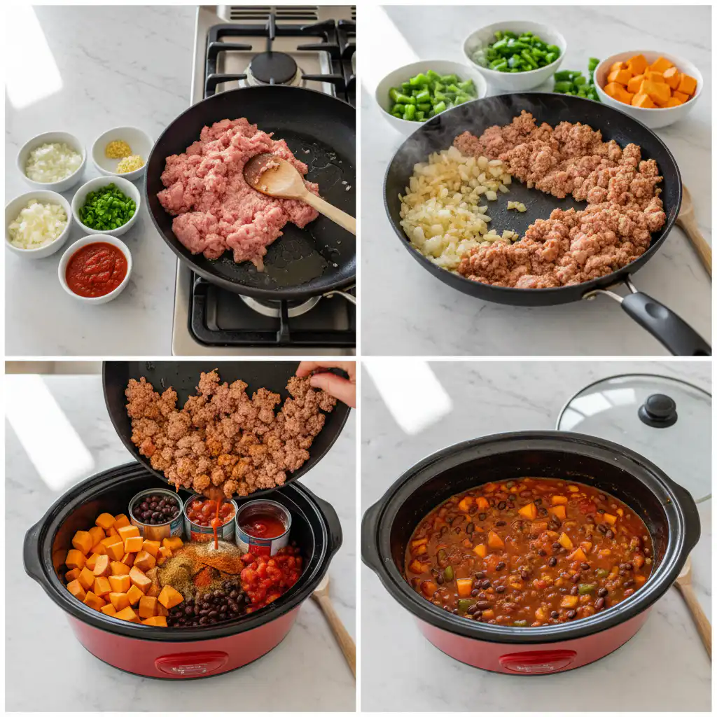 sweet-potato-turkey-chili-slow-cooker-prep Hands are gently stirring a rich mixture of ground turkey, chopped sweet potatoes, and other vegetables in a slow cooker pot for sweet potato turkey chili.