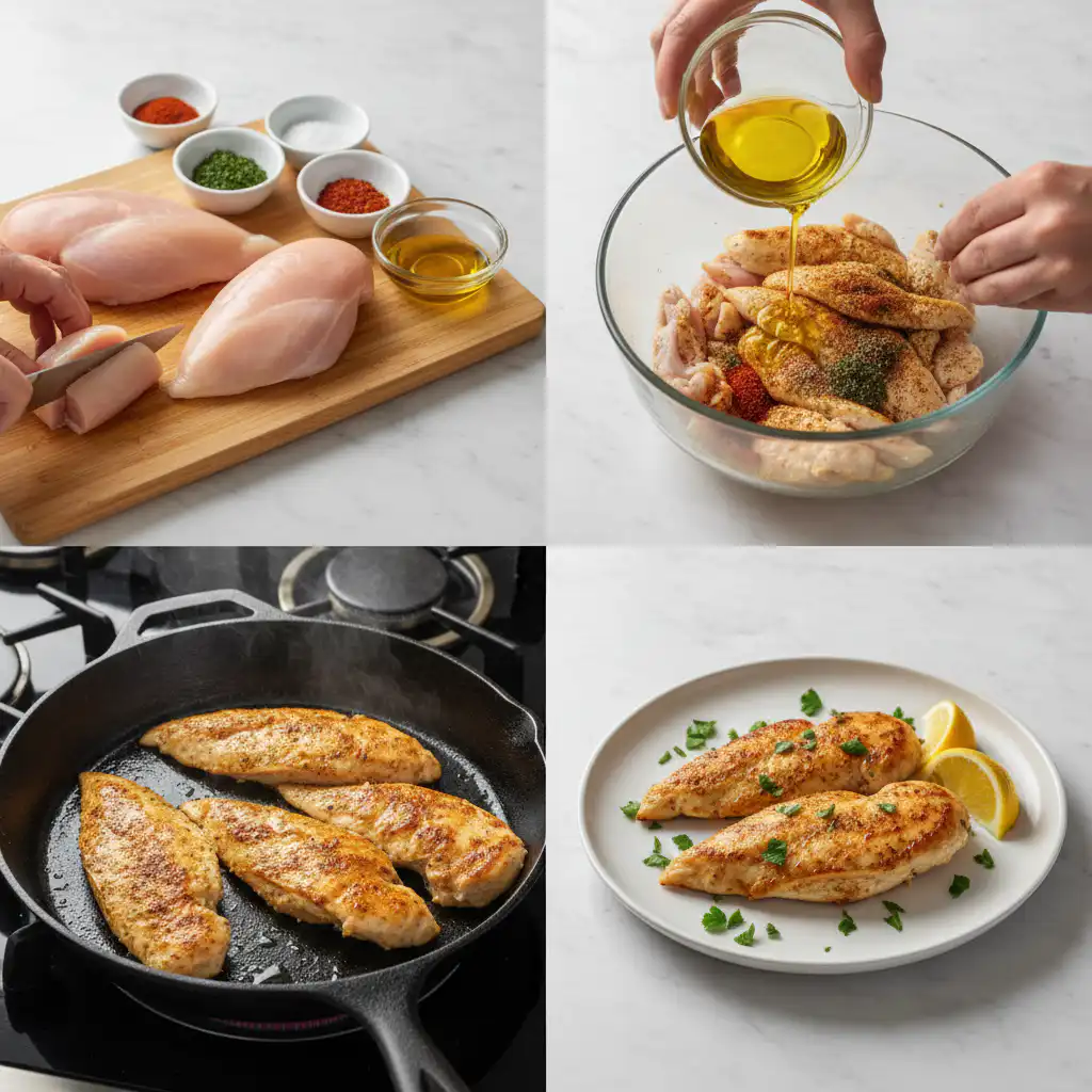 Hands expertly seasoning thin sliced chicken breast on a wooden cutting board, preparing it for a savory recipe.