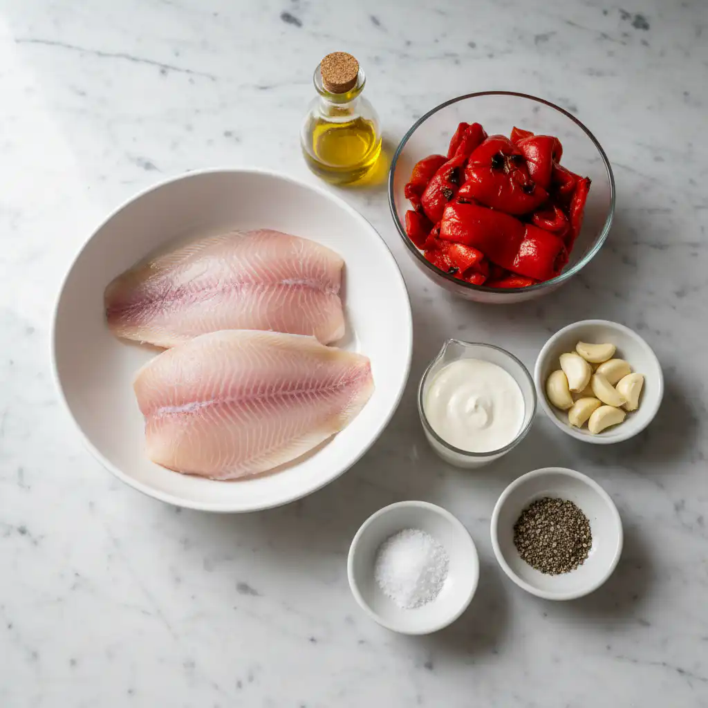 tilapia-in-roasted-pepper-sauce-ingredients A colorful array of fresh ingredients for Tilapia in Roasted Pepper Sauce, including fish fillets, bell peppers, and herbs.
