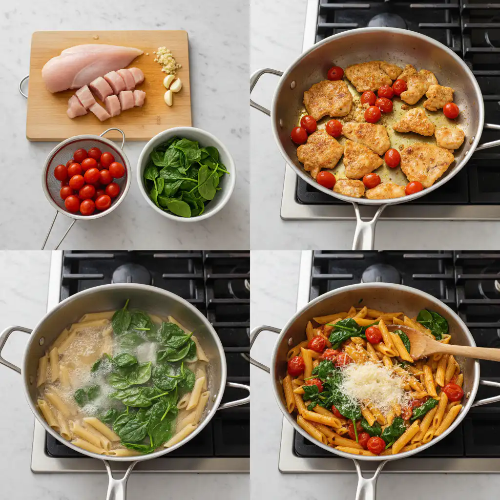 Someone is sautéing tender chicken pieces with aromatic garlic and herbs, a key step in preparing tomato spinach chicken pasta.