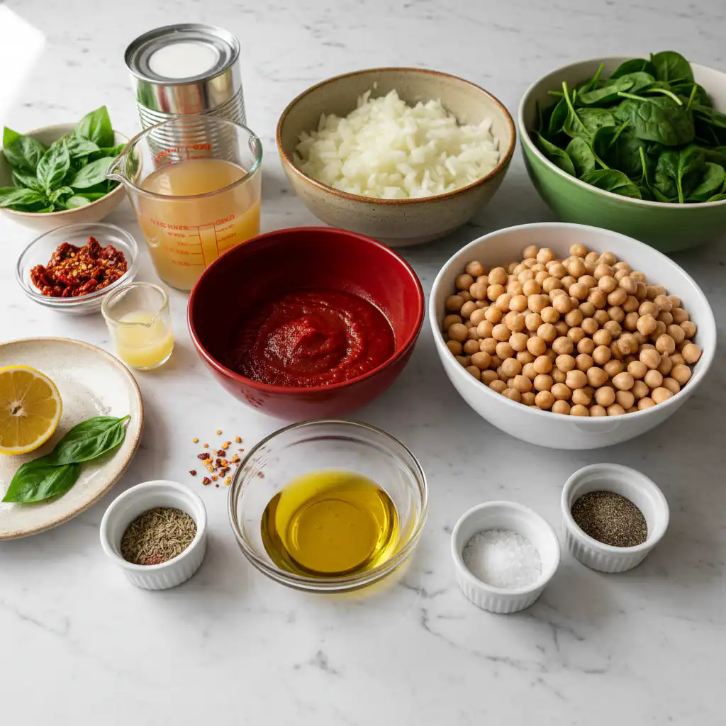 A colorful array of fresh vegetables, herbs, and pantry staples ready for a creamy Tuscan chickpea soup.