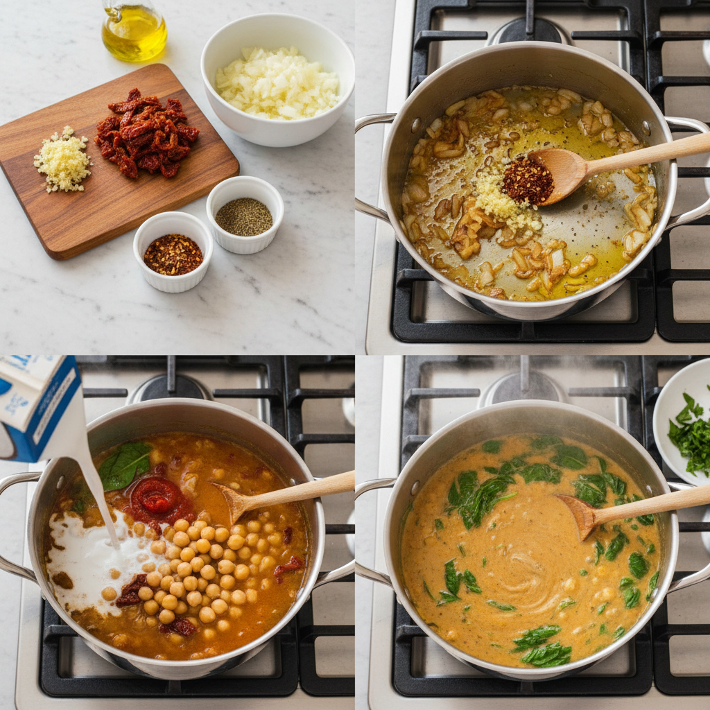 A chef gently stirs vegetables and chickpeas in a pot, a key step for making creamy Tuscan chickpea soup.
