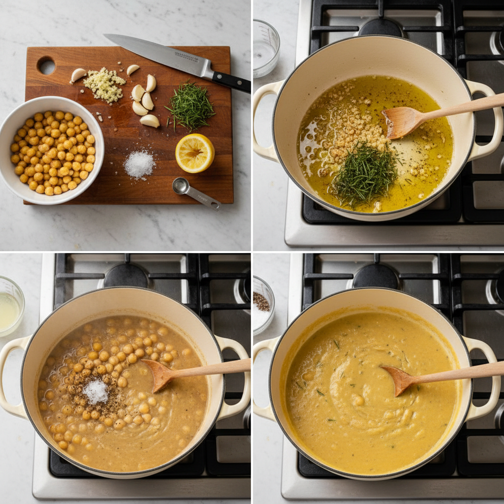 Hands stirring a pot of simmering ingredients, developing the rich flavor of creamy tuscan chickpea soup.