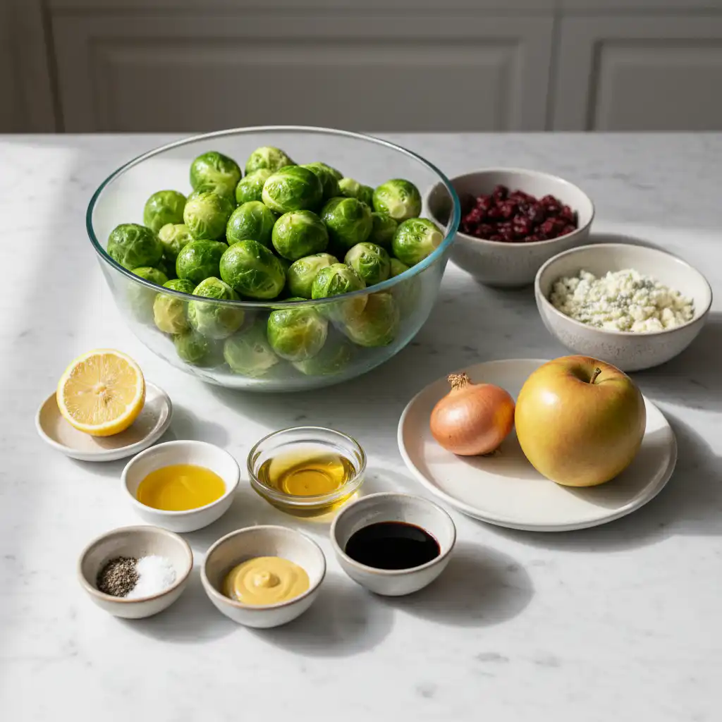 warm-roasted-brussels-sprout-salad-with-maple-balsamic-ingredients Fresh brussels sprouts, vibrant cranberries, pecans, and maple balsamic ingredients for a warm roasted brussels sprout salad.