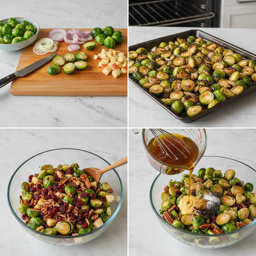 warm-roasted-brussels-sprout-salad-with-maple-balsamic-prep A chef tossing roasted brussels sprouts with maple balsamic glaze for a warm roasted brussels sprout salad.