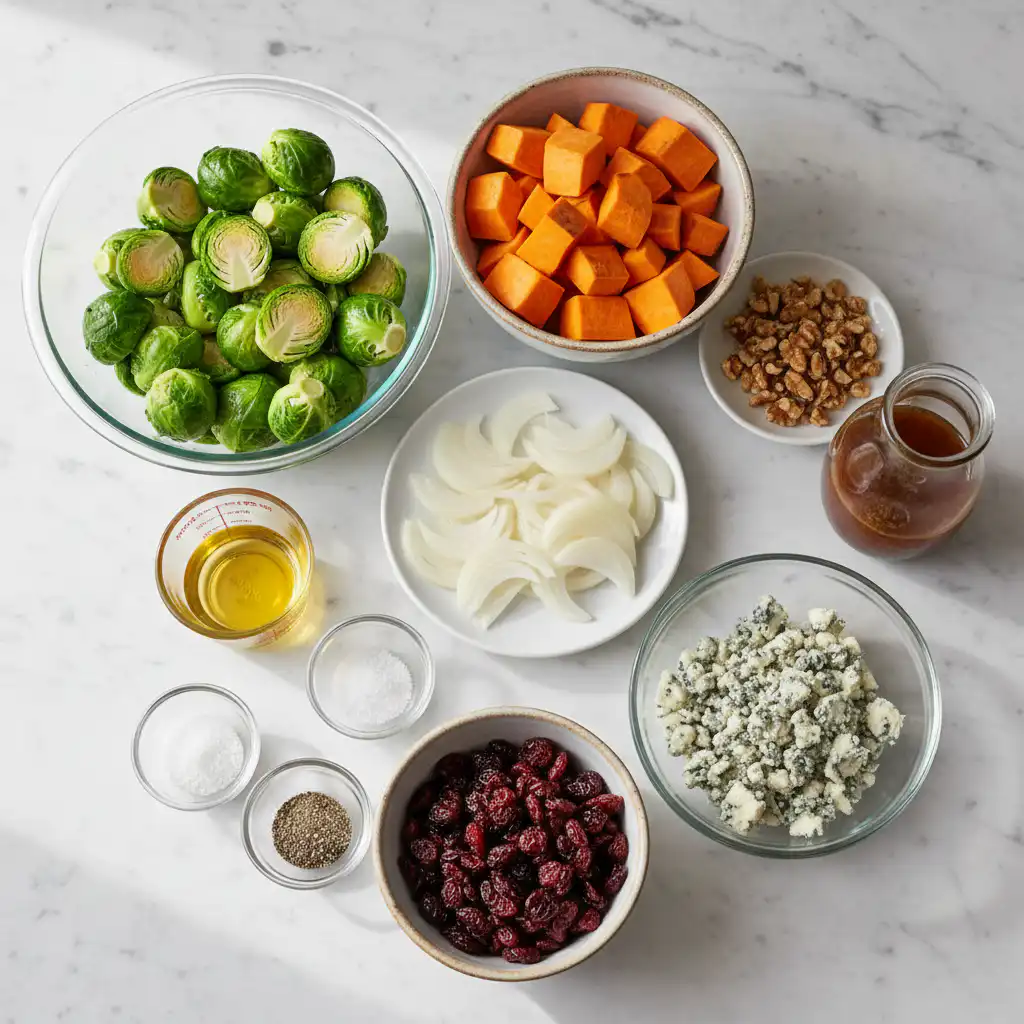 Fresh, vibrant ingredients for a delicious Warm Roasted Brussels Sprouts and Sweet Potato Harvest Salad, prepped and ready.