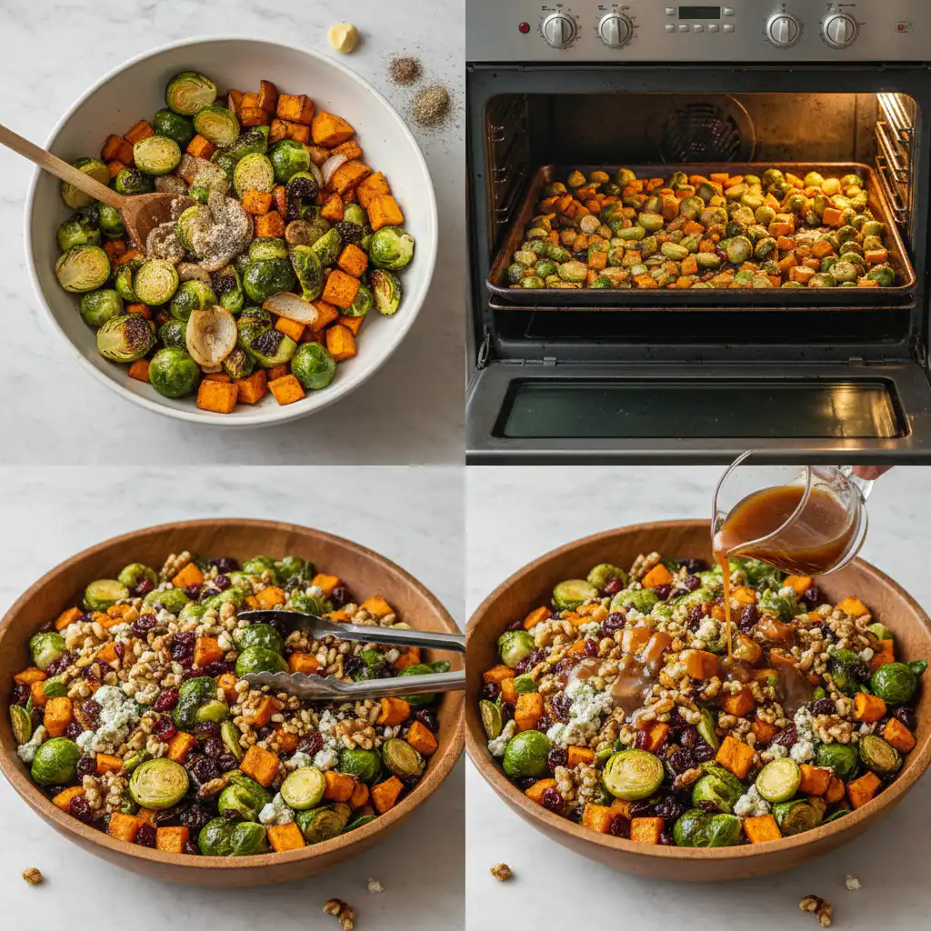 A chef carefully tossing roasted Brussels sprouts and sweet potatoes, preparing the Warm Roasted Brussels Sprouts and Sweet Potato Harvest Salad.