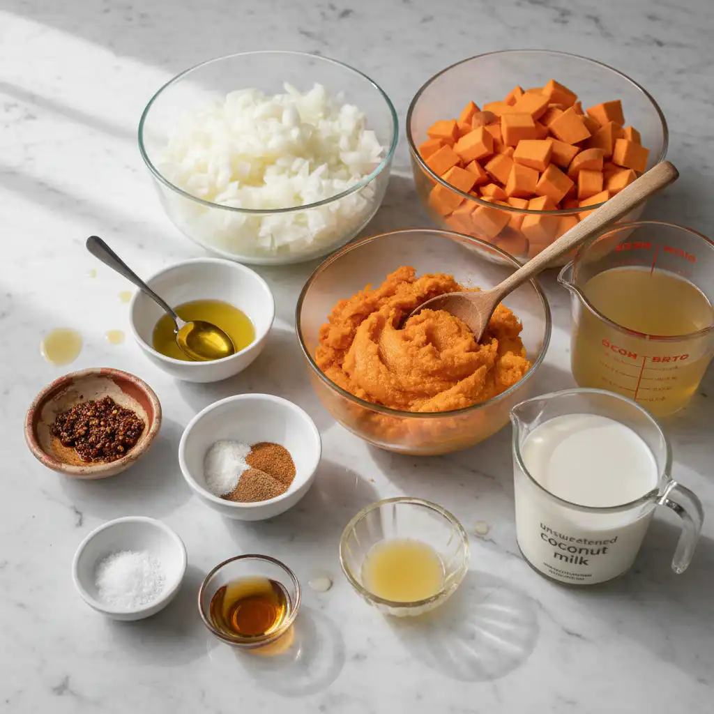anti-inflammatory-pumpkin-sweet-potato-soup-ingredients A vibrant array of fresh, whole ingredients for a healthy anti inflammatory pumpkin sweet potato soup, neatly arranged on a counter.