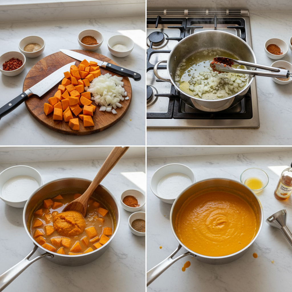 anti-inflammatory-pumpkin-sweet-potato-soup-prep Hands dicing sweet potatoes and pumpkin on a wooden cutting board, preparing for anti inflammatory pumpkin sweet potato soup.