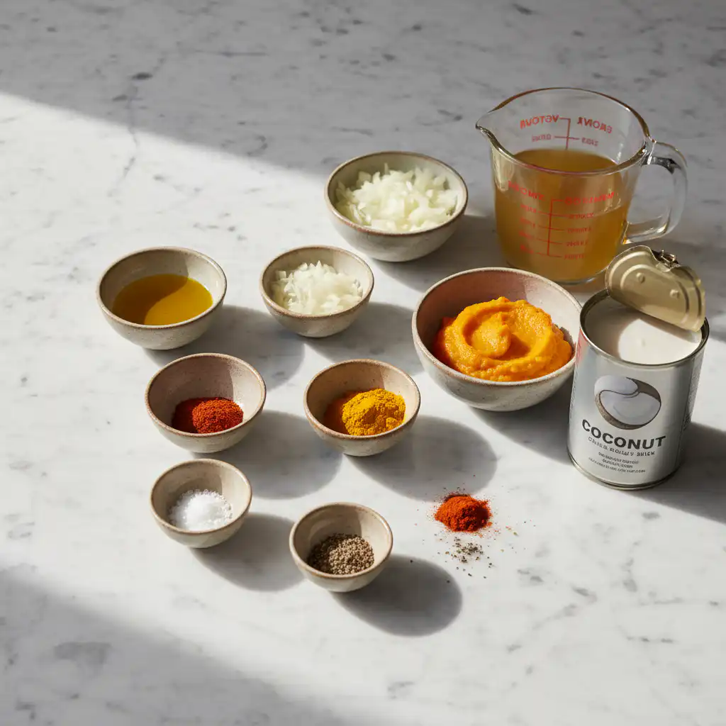 anti-inflammatory-pumpkin-turmeric-soup-ingredients Fresh pumpkin, turmeric, and spices for anti-inflammatory soup on a wooden table.