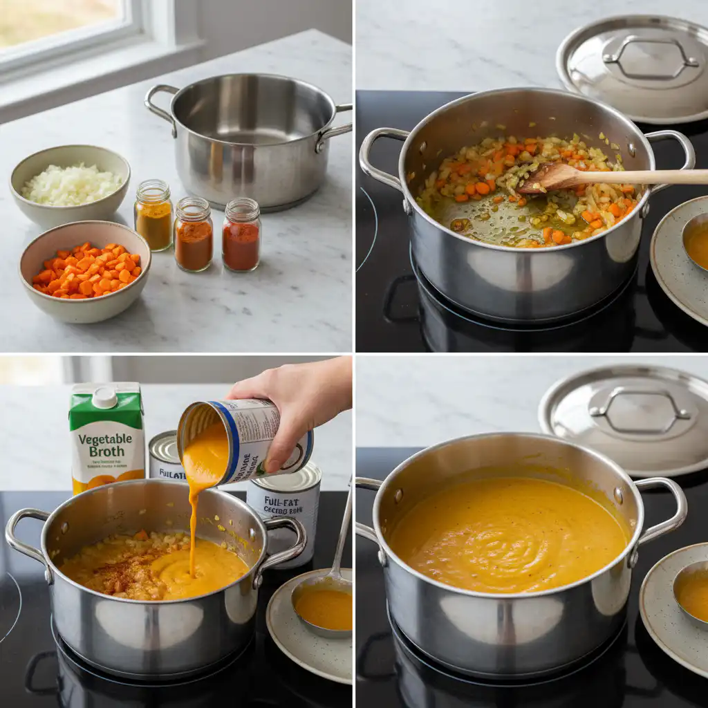 anti-inflammatory-pumpkin-turmeric-soup-prep Chopped pumpkin being sautéed with turmeric and spices in a pot.