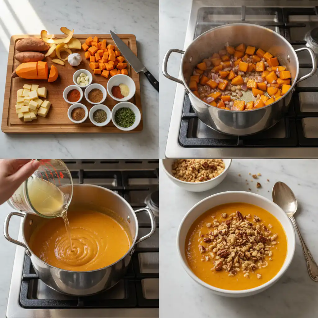 A chef's hands dicing apples and sweet potatoes on a cutting board, preparing them for the apple cheddar sweet potato soup.