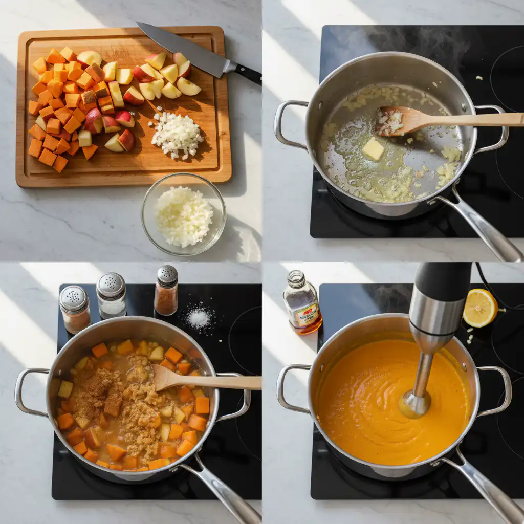 Hands are dicing fresh sweet potatoes and crisp apples on a cutting board, preparing ingredients for an apple cheddar sweet potato soup.