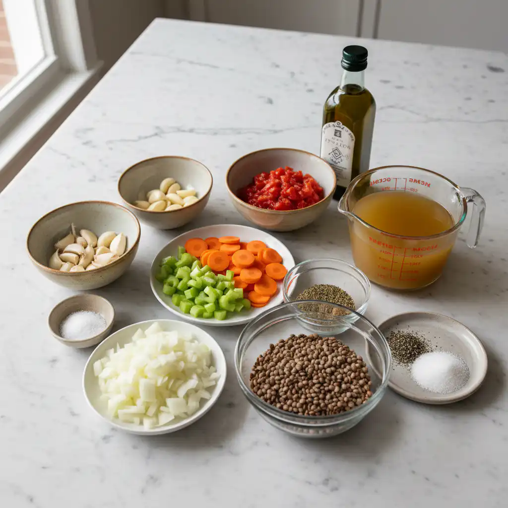autumn-lentil-vegetable-soup-rustic-ingredients A vibrant display of fresh, colorful vegetables and dry lentils, ready for a rustic autumn lentil vegetable soup.