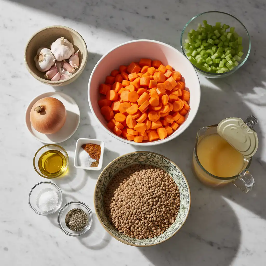 autumn-lentil-vegetable-soup-rustic-ingredients A rustic array of fresh autumn vegetables, lentils, and herbs laid out for a hearty autumn lentil vegetable soup.