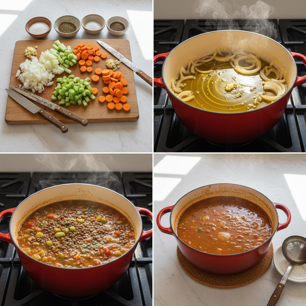 autumn-lentil-vegetable-soup-rustic-prep Hands are actively chopping colorful vegetables and preparing the base for a rustic autumn lentil vegetable soup.