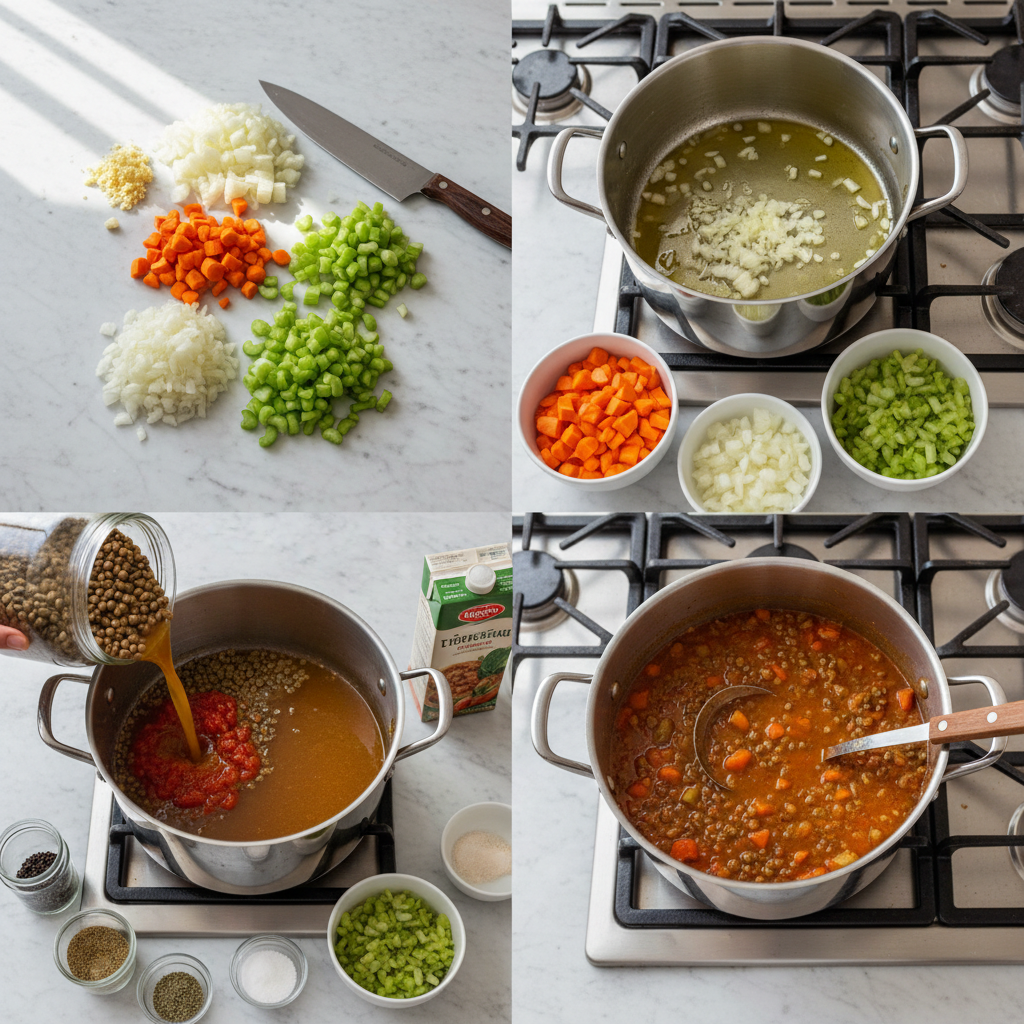 autumn-lentil-vegetable-soup-rustic-prep Hands stirring a bubbling pot of chopped vegetables and lentils, illustrating the cooking process for autumn lentil vegetable soup.
