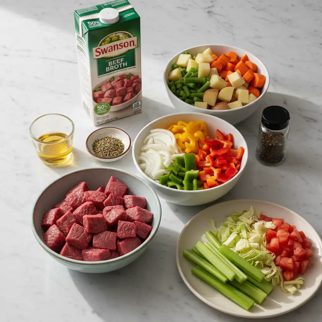 A colorful assortment of fresh vegetables, herbs, and raw beef chuck, laid out for a hearty beef vegetable soup.