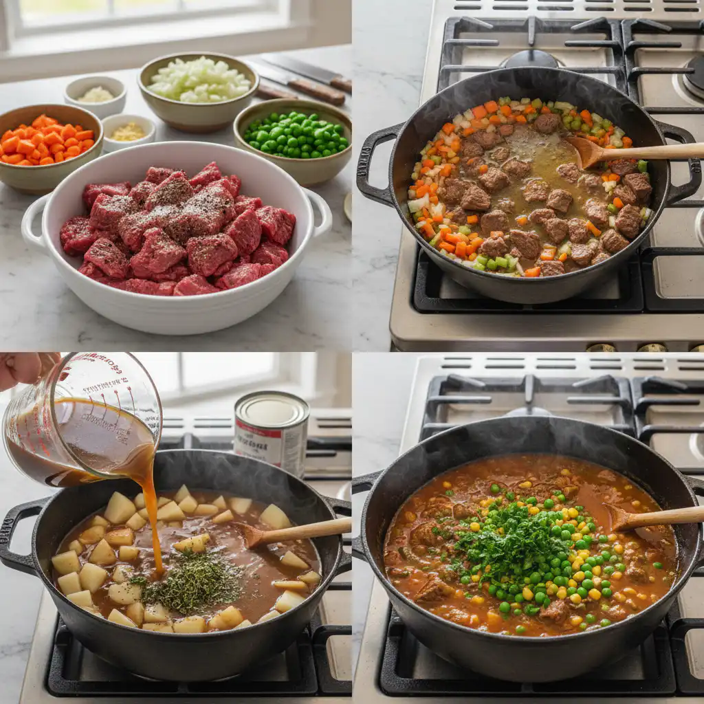 A chef is actively stirring a pot of simmering beef vegetable soup, mixing the rich broth with tender beef and vegetables.