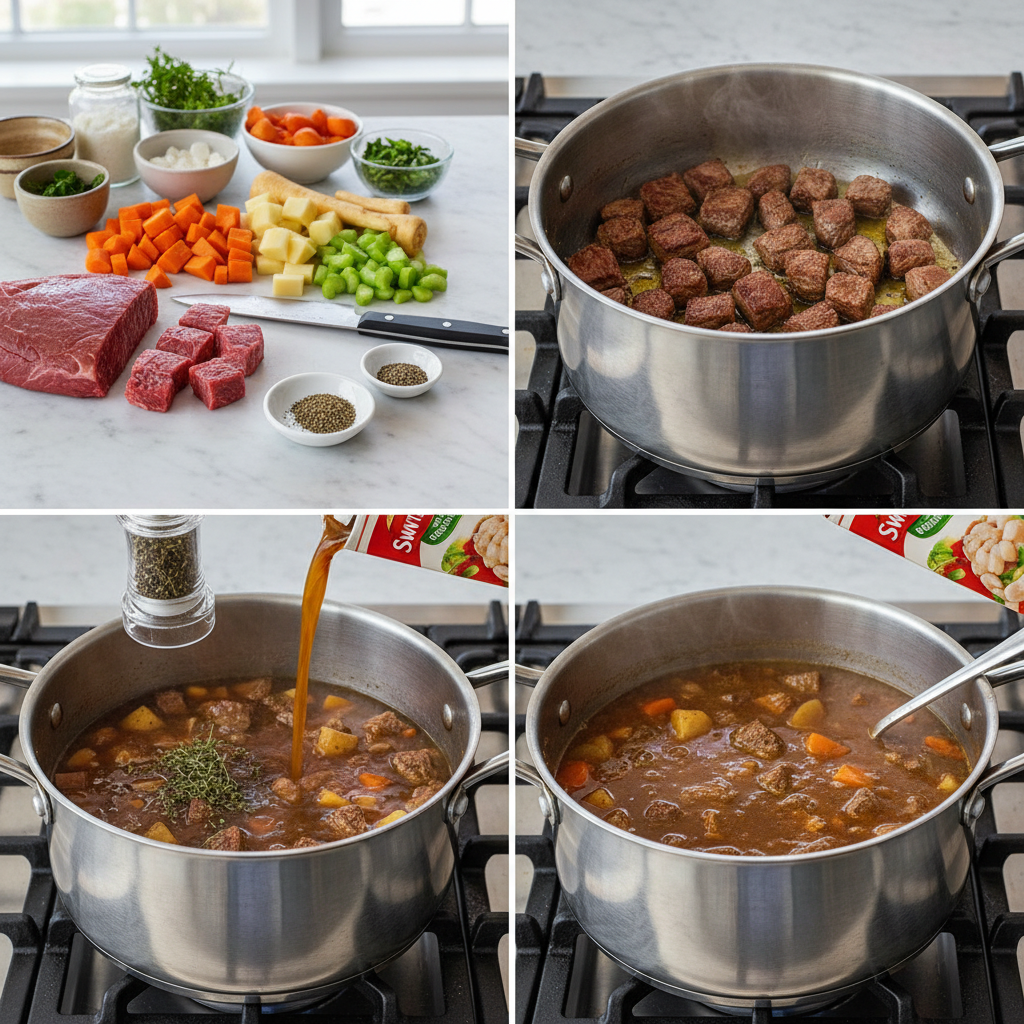 A large pot simmering on the stove, with beef and chopped vegetables cooking together for a flavorful beef vegetable soup.