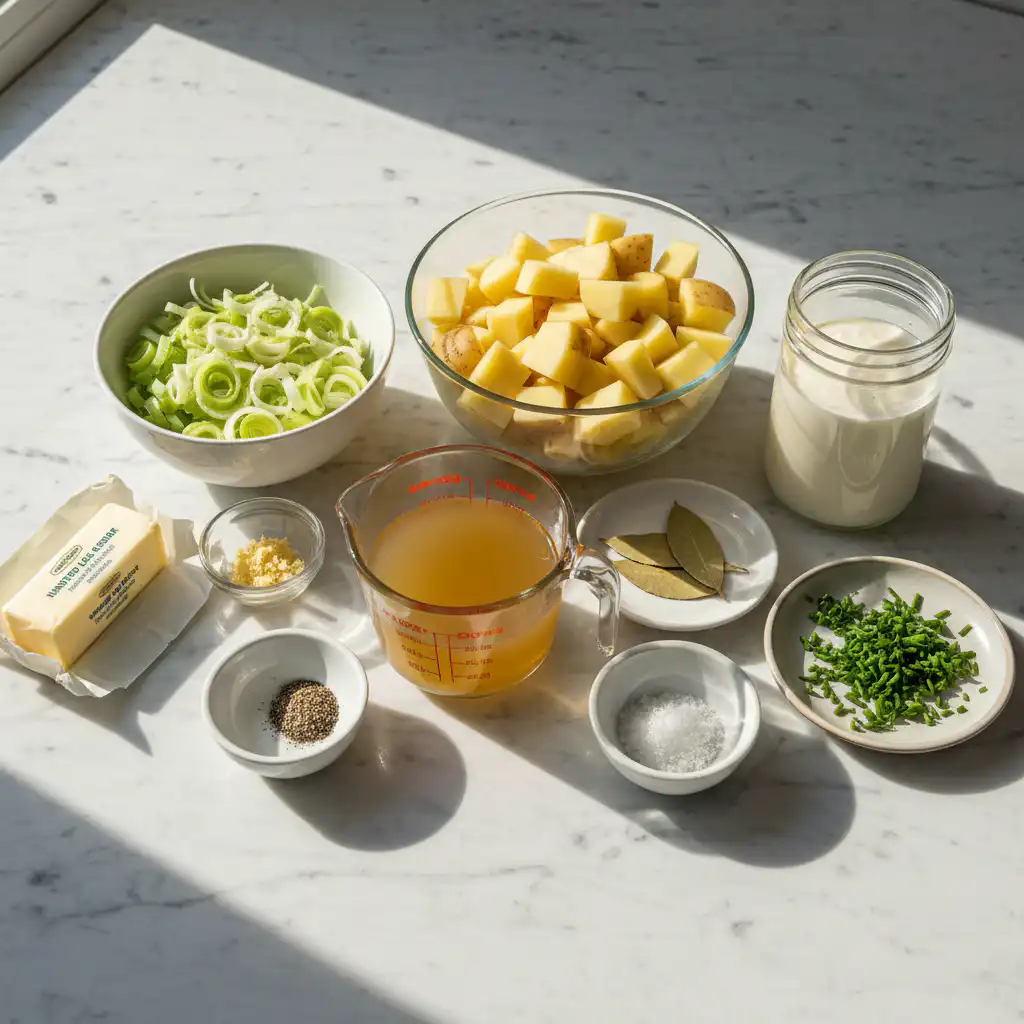 best-ever-creamy-potato-leek-soup-ingredients Fresh leeks, Yukon gold potatoes, and rich cream are ready for the best ever creamy potato leek soup.