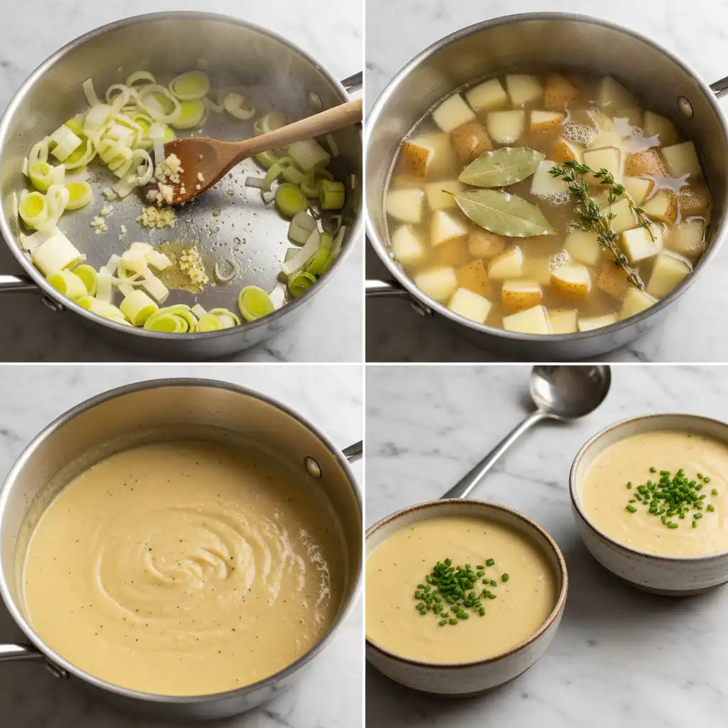 best-ever-creamy-potato-leek-soup-prep Sautéing finely sliced leeks in butter for the best ever creamy potato leek soup.
