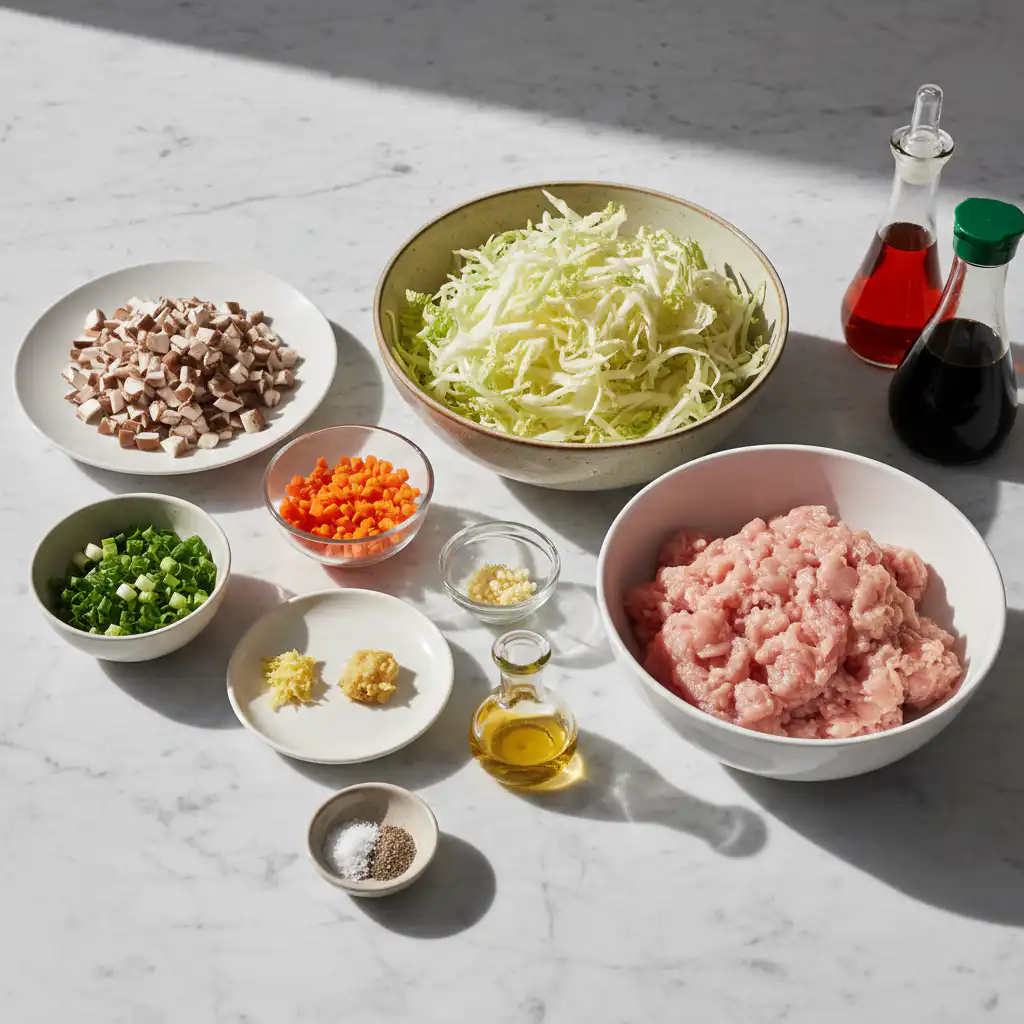 Fresh cabbage, dough, and spices arranged for cabbage dumplings.