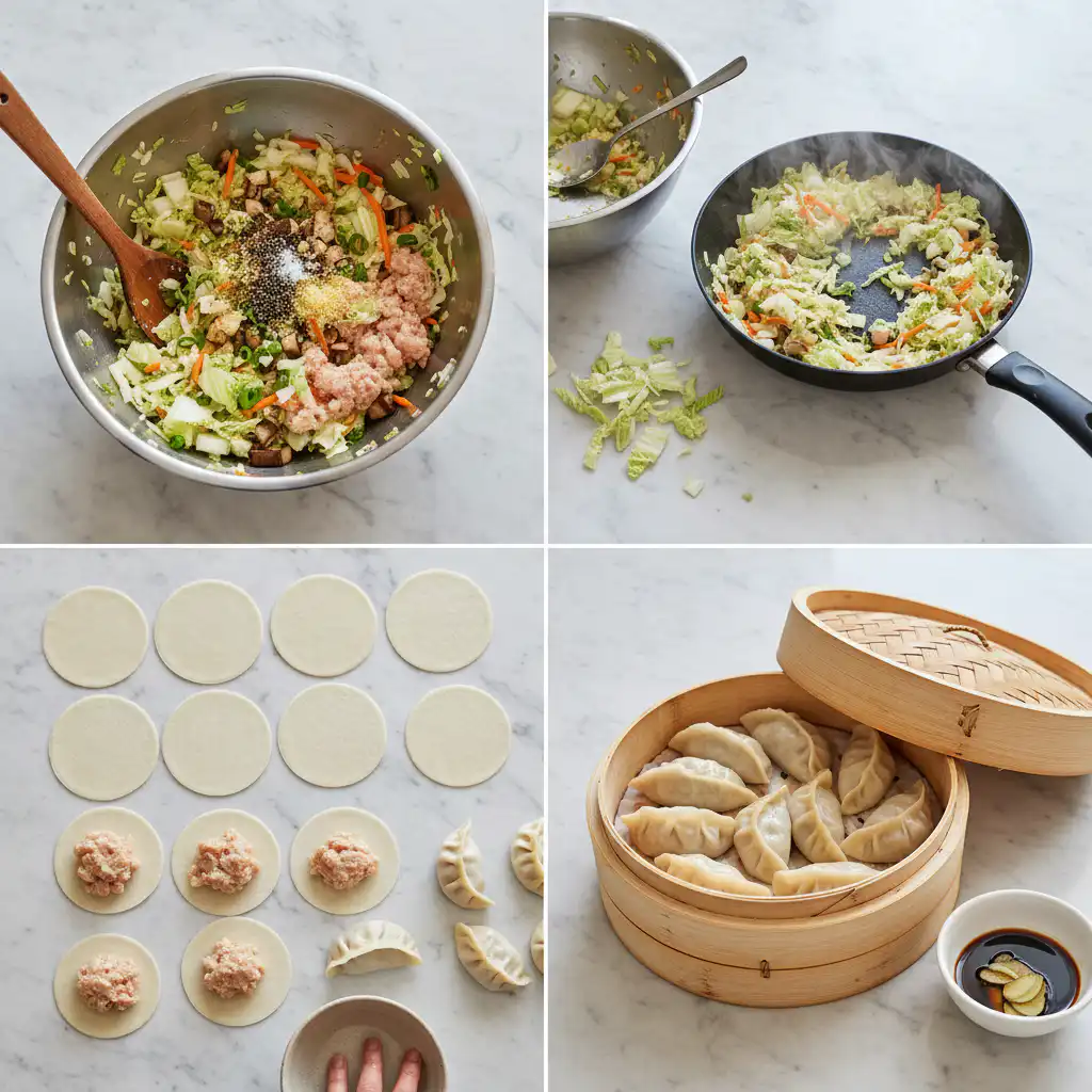 Shaping cabbage dumplings with filling on a wooden surface.