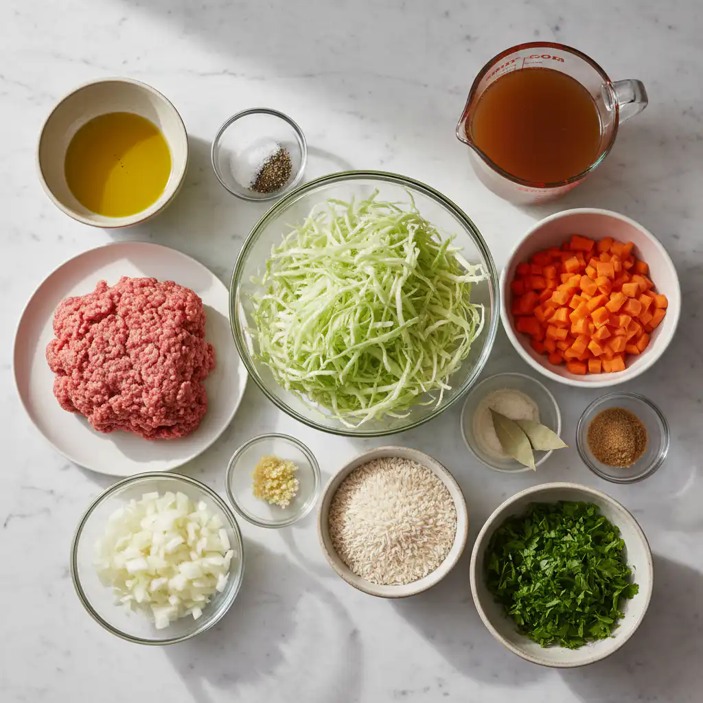 cabbage-roll-soup-ingredients A colorful assortment of fresh vegetables and ground beef laid out, ready for making delicious cabbage roll soup.