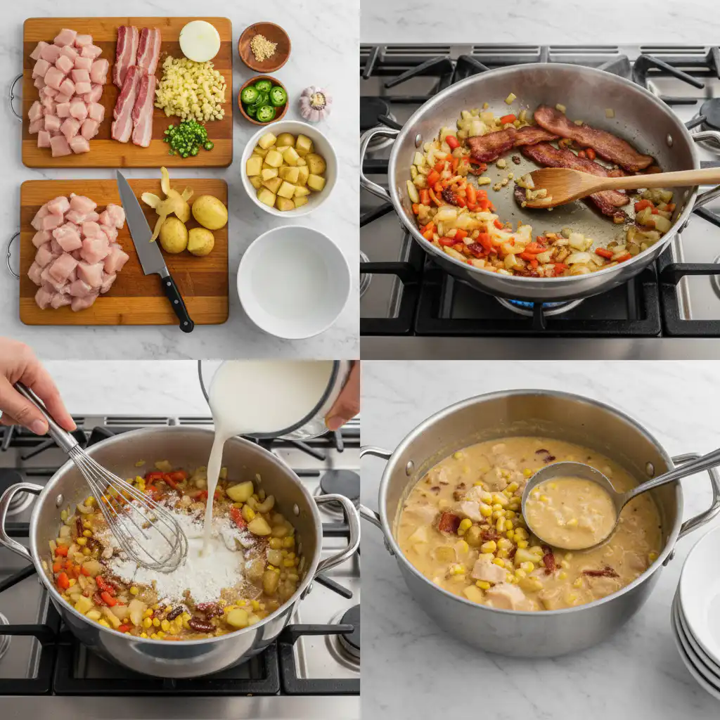 Hands stirring a pot of simmering chicken corn chowder, rich and creamy, during the cooking process.