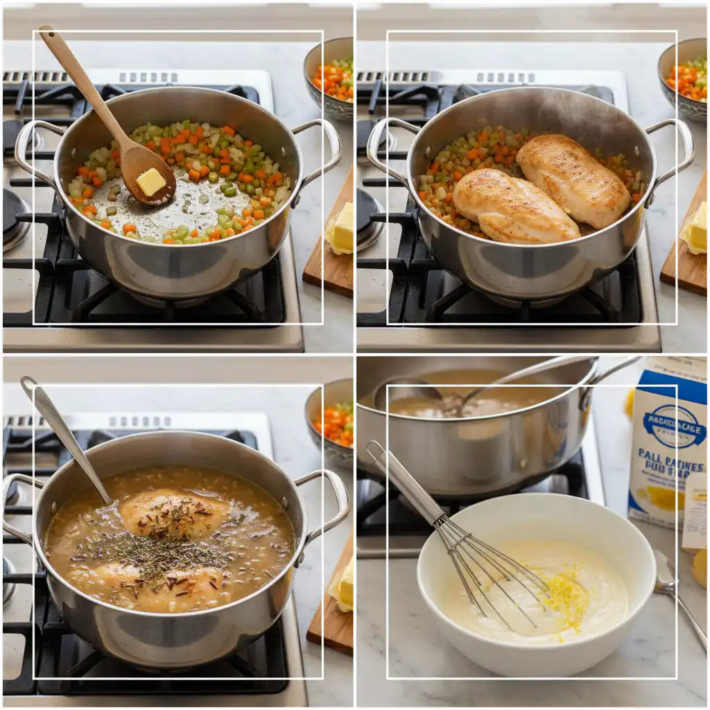 A cook stirring a pot of simmering chicken wild rice soup, showing the delicious preparation process.