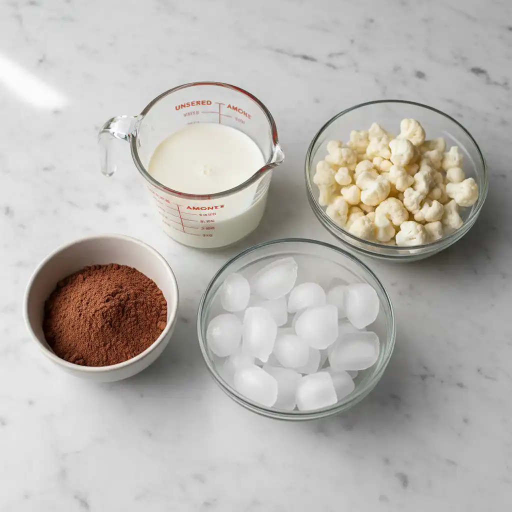 chocolate-protein-smoothie-ingredients Ingredients for a chocolate protein smoothie arranged on a kitchen counter.