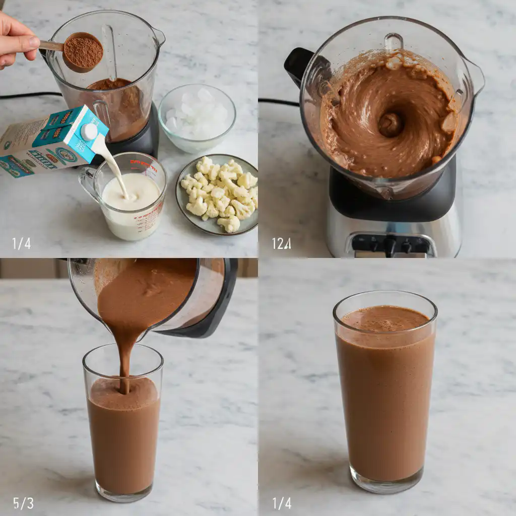 chocolate-protein-smoothie-prep Blending a chocolate protein smoothie with fresh bananas and protein powder.