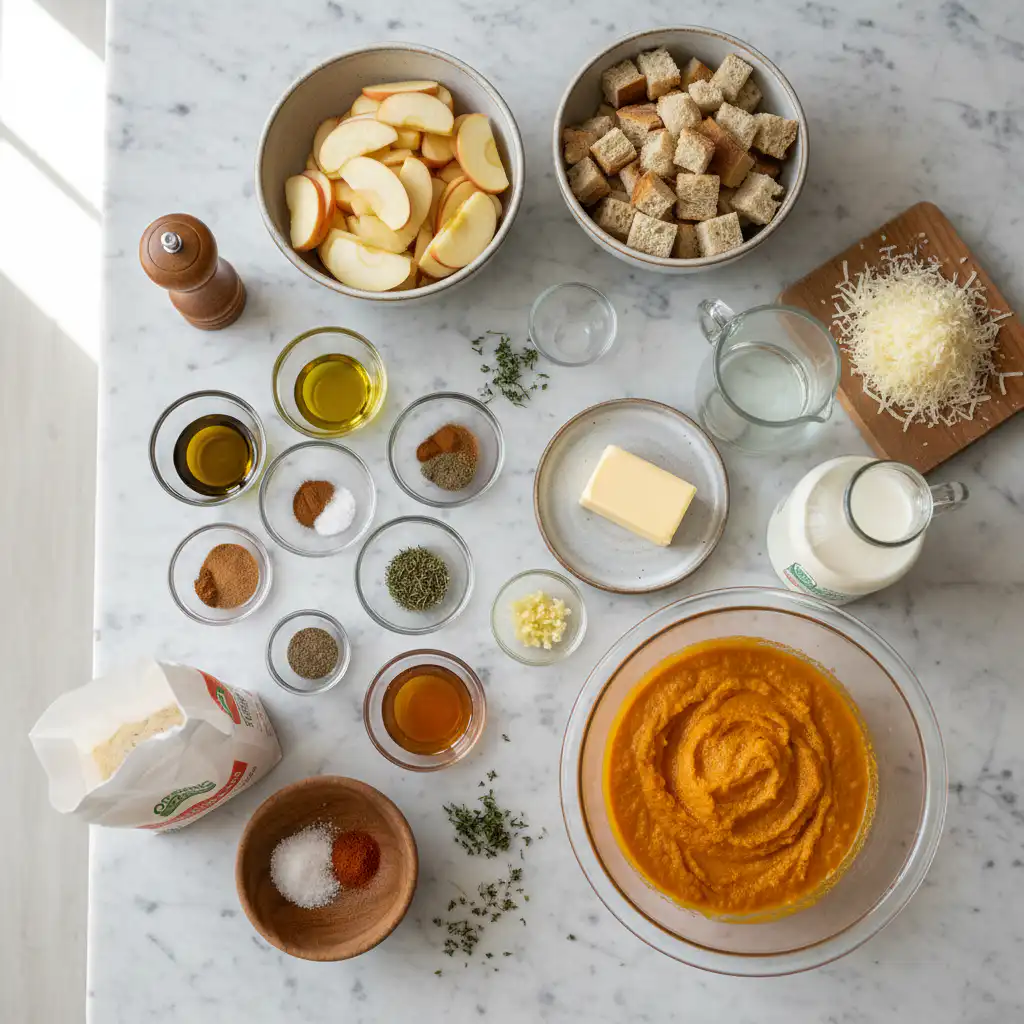 creamy-roasted-apple-pumpkin-soup-ingredients Fresh ingredients like sweet apples, earthy pumpkins, and rich cream for a delicious creamy roasted apple pumpkin soup.