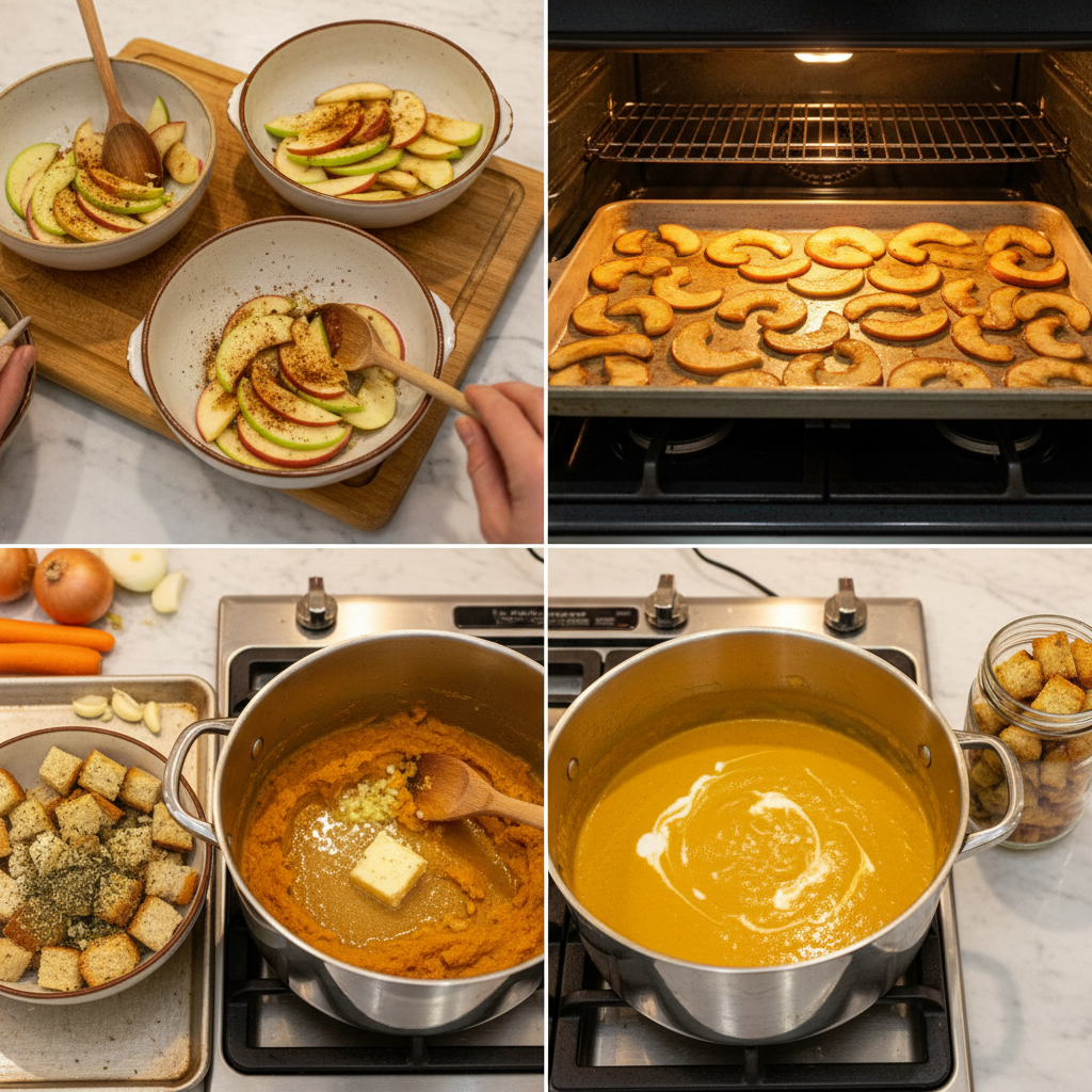 creamy-roasted-apple-pumpkin-soup-prep Hands carefully slicing ripe apples and cubing sweet pumpkins on a wooden board for creamy roasted apple pumpkin soup.