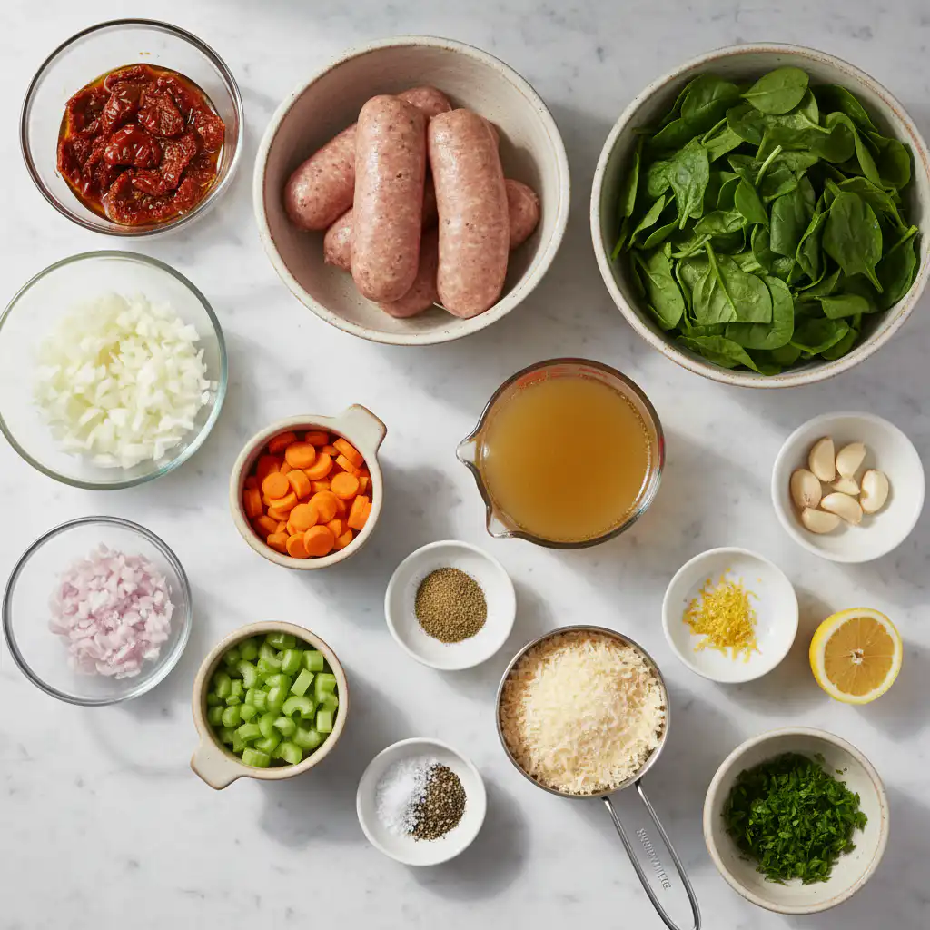 creamy-tuscan-white-bean-soup-ingredients A vibrant assortment of fresh vegetables, herbs, and cannellini beans laid out, ready for creamy Tuscan white bean soup.