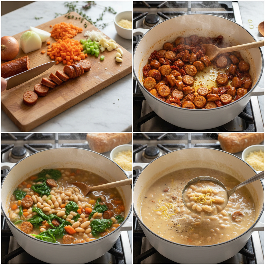 creamy-tuscan-white-bean-soup-prep Hands stirring a bubbling pot of vegetables and white beans, actively preparing creamy Tuscan white bean soup.