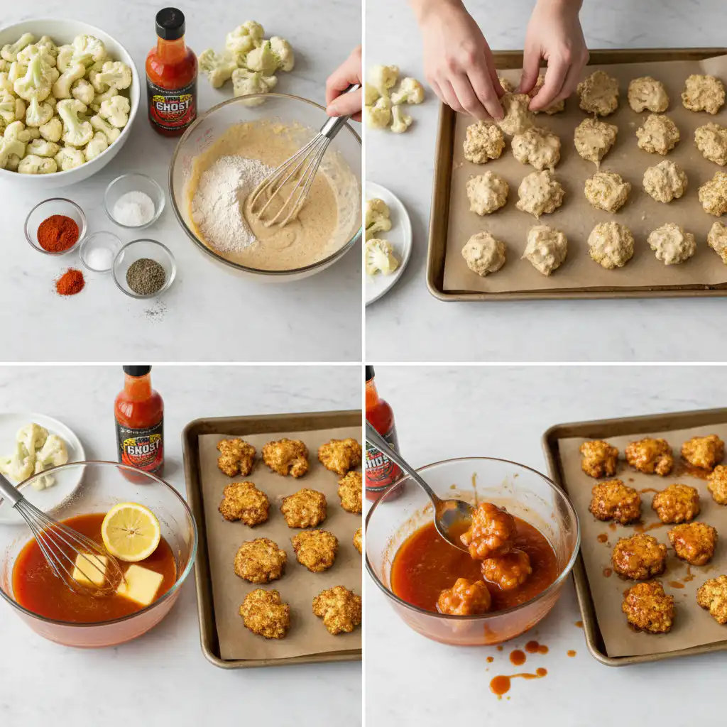 Cauliflower bites being coated with spiced batter for ghost cauliflower bites baked recipe.
