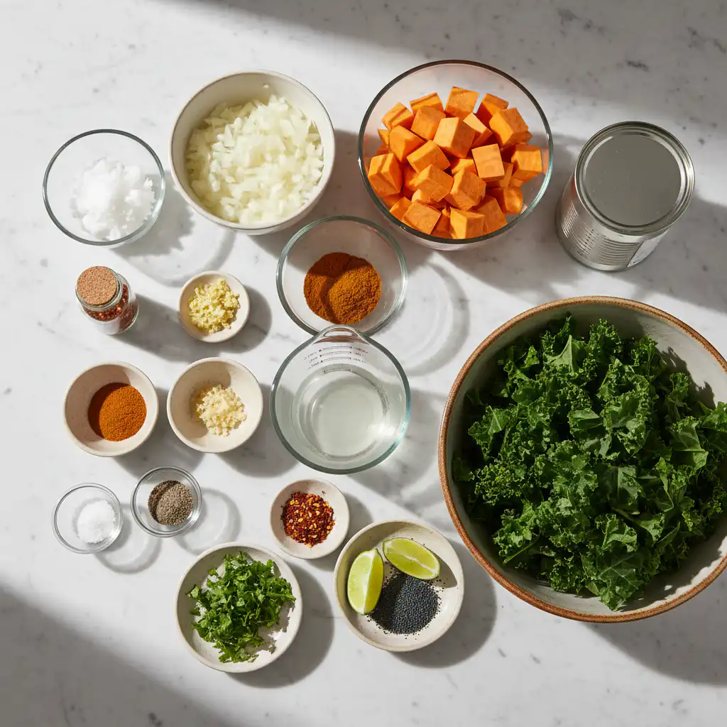 ginger-sweet-potato-coconut-stew-with-lentils-ingredients A vibrant array of fresh ginger, orange sweet potatoes, creamy coconut milk, and hearty lentils, essential for the ginger sweet potato coconut stew with lentils.