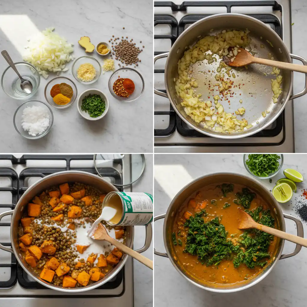 ginger-sweet-potato-coconut-stew-with-lentils-prep Hands dicing sweet potatoes and ginger, amidst other prepped ingredients for making ginger sweet potato coconut stew with lentils.